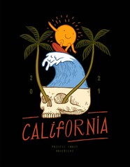Naklejka premium Sun character surfing wave in the skull with palm trees growing from its eyes. California surfing vintage typography t-shirt print.