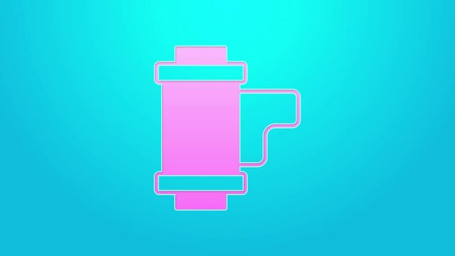 Pink line Camera vintage film roll cartridge icon isolated on blue background. 35mm film canister. Filmstrip photographer equipment. 4K Video motion graphic animation