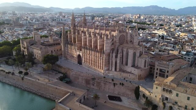 Cathedral of Santa Maria La Seu in Palma de Mallorca Aerial Drone View