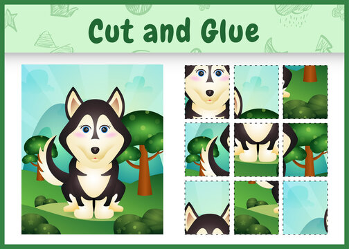 Children board game cut and glue with a cute husky dog