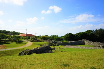 Aerial view of Nakijinjo castle ruins and the stone wall in Okinawa, Japan - 日本 沖縄...