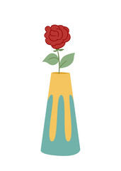 One lush rose in a wavy ceramic vase Colored isolated illustration in doodle style on white background.