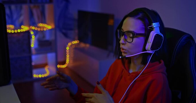 Portrait, a girl in headphones with a microphone speaks and gestures, a dark room with backlight. Beautiful girl with glasses is broadcasting online, modern technologies. 4k, ProRes