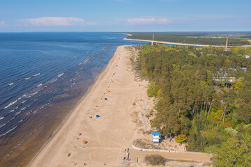 Estonia, narva jõesuu,.May 26, 2021 Coast of the Gulf of Finland, sandy coast.  Summer day, drone view of the resort town at the mouth of the Narva in the Baltic States