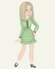 Fashionable pretty blonde girl in a green blouse and skirt