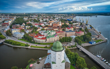 High angle view of city Vyborg in Russia. A castle on foreground