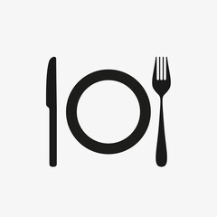 fork knife and plate of black color. Vector Food service icon on white background