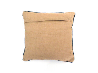Aerial view of square natural fiber cushion on white background. Close up of handmade jute and brown cotton cushion. Luxury brown beige square pillow isolated. Houseware and Home Accessories.