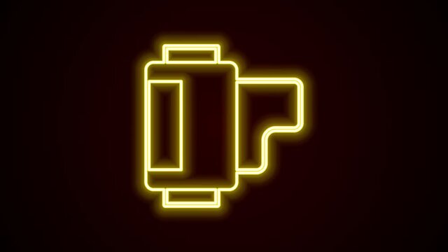 Glowing neon line Camera vintage film roll cartridge icon isolated on black background. 35mm film canister. Filmstrip photographer equipment. 4K Video motion graphic animation