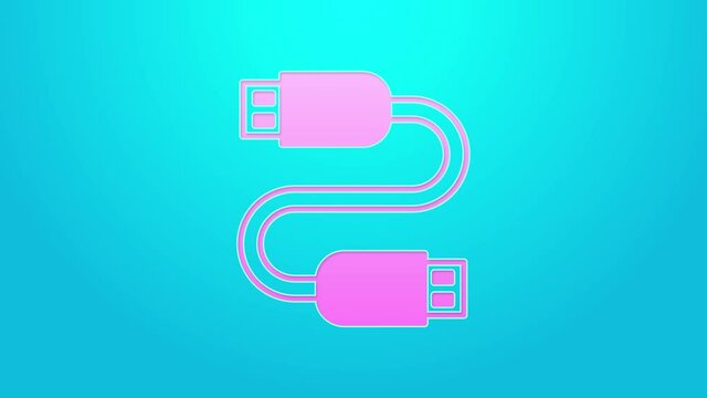 Pink line USB cable cord icon isolated on blue background. Connectors and sockets for PC and mobile devices. 4K Video motion graphic animation