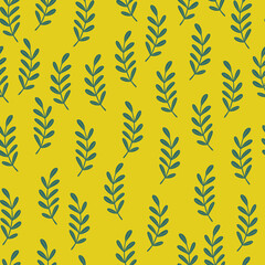 Fototapeta na wymiar Random little herbal twigs seamless doodle pattern. Yellow background. Abstract simple style ornament.