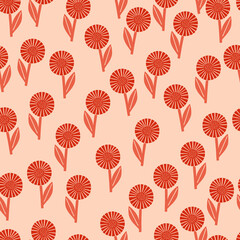 Red random geometric doodle flowers seamless pattern. Light pink pastel background. Botanic backdrop.