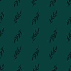 Dark turquoise colored seamless pattern with hand drawn leaves twig shapes. Nature botanic backdrop.