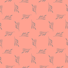 Geometric style seamless pattern in pink tones with minimalistic leaf silhouettes shapes.