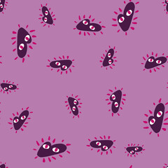 Romantic seamless pattern with doodle purple random heart abstract shapes. Pastel purple background.