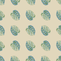 Decorative blue tropical monstera leaves seamless pattern in doodle style. Pastel light pink background. © Purple_Lamp
