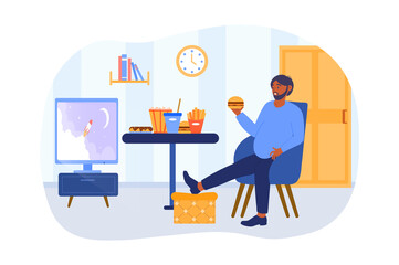 A plump person, male couch potato eating fast food