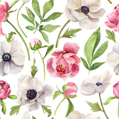 Seamless watercolor handmade pattern with anemones and peony - 436063288