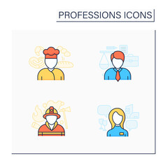 Professions color icons set. Fireman, baker, lawyer and hostess. Various professions. Important jobs. Career concept. Isolated vector illustrations