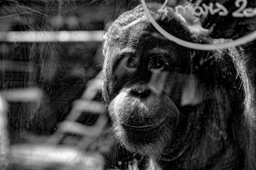 Portrait en noir et blanc d'un Orang-outan le regard profond 