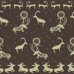 Cave drawing animals goat, sheep,  elk and cow carring a man vector seamless pattern graphic design. Ancient cave art of ox bullock, deer stag, nowt neat, beef animals. Cave painting seamless pattern.
