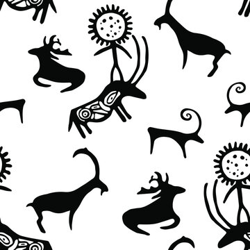 Black white cave drawing animals goat, sheep,  elk and cow carring a man vector seamless pattern graphic design. Ancient cave art of ox bullock, deer stag, nowt neat, beef animals. Kazakh ornament