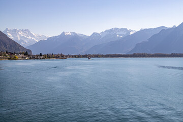 Montreux, Switzerland 04.04.2021 - View from Chillon Castle, Lake Geneva and the Alps in the...