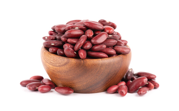 Red kidney beans in wooden bowl, isolated on white background. Rajma or Mexican Bean. Beans close up.