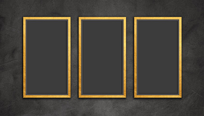 Three Vertical Black frames With Collection Golden Borders hanging in Grungy luxurious black wall. Empty 3 thin picture blank  mock up for photography and wall art . Professional Visualization. 3D   