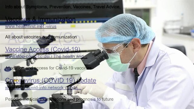 The links of imaginary no-existing websites rolls beside a doctor working with a microscope in a laboratory.
