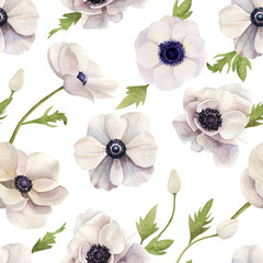 Seamless watercolor handmade pattern with anemones - 436064658