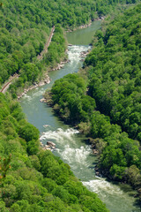 Fototapeta na wymiar Rapids, boulders, and Spring green along the New River gorge