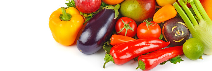 Vegetables and fruits isolated on a white. Free space for text. Wide photo.