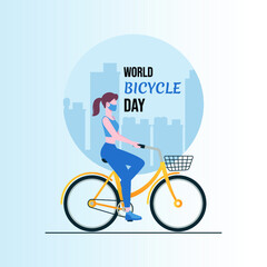 World Bicycle Day Vector With Women wear mask that ride bicycle