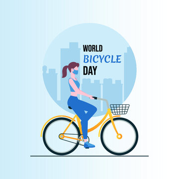 World Bicycle Day Vector With Women wear mask that ride bicycle