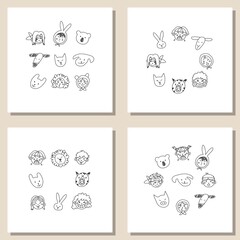 Hand drawn kids and animals faces in line art style, modern minimalism art