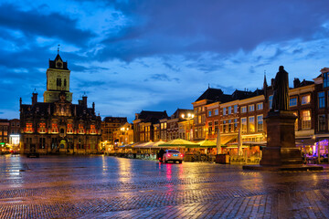 Fototapeta premium Delft Market Square Markt in the evening. Delfth, Netherlands