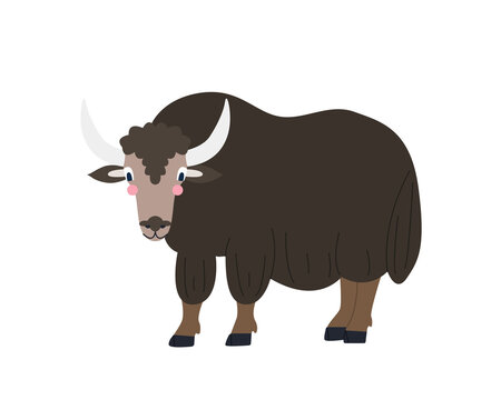 Cute yak on white background in cartoon flat style. Vector illustration