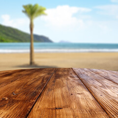 Wooden desk of free space and summer beach landscape 