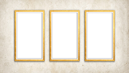 Three Thin vertical frame hanging in textured Vintage Wall. 3 Rectangular picture frames collection in texture background. Rectangle White blanks With golden Borders. Front view, 3D illustration 