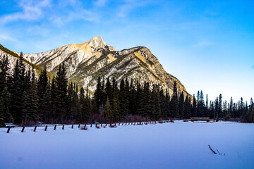 Early snow in early fall at Mount Lorret Ponds. Bow Valley Wildlife Park. Alberta, Canada