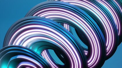 3d render of abstract neon shiny swirls on blue background. Digital illustration for wallpapers, posters and covers. Futuristic design.