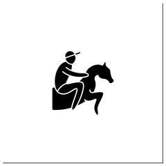 Horse racing glyph icon. Equestrian performance sport. Jockeys ride on horse. Athletic competition concept. Filled flat sign. Isolated silhouette vector illustration