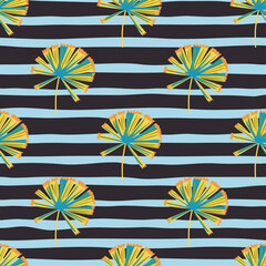 Blossom nature seamless pattern with yellow and blue colored palm licuala print. Striped background.