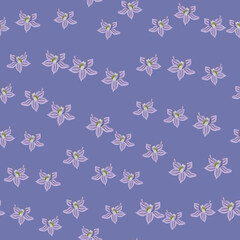 Little random orchid flowers silhouettes seamless doodle pattern. Blue background. Nature botany backdrop.