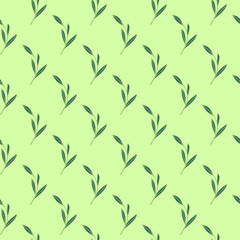 Herbal seamless pattern with simple contour foliage leaves shapes. Light green background. Doodle backdrop.