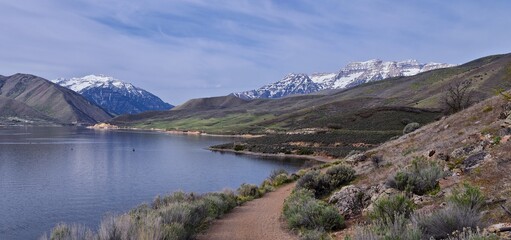 Mount Timpanogos backside view near Deer Creek Reservoir Panoramic Landscape view from Heber, Wasatch Front Rocky Mountains. Utah, United States, USA.