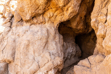 The Wadi Caves in Valley of the Caves in Mleiha Archaeological Centre, Al Faya Mountains, Sharjah. Neolithic limestone caves in United Arab Emirates.