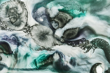 Green color alcohol ink background, abstract ocean. Exoplanet surface, marble texture, fluid liquid...