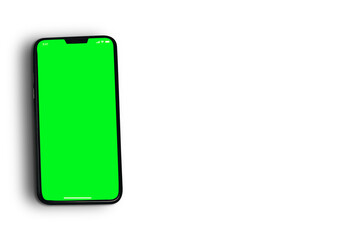 Green Chroma Key on smartphone screen isolated on white background.